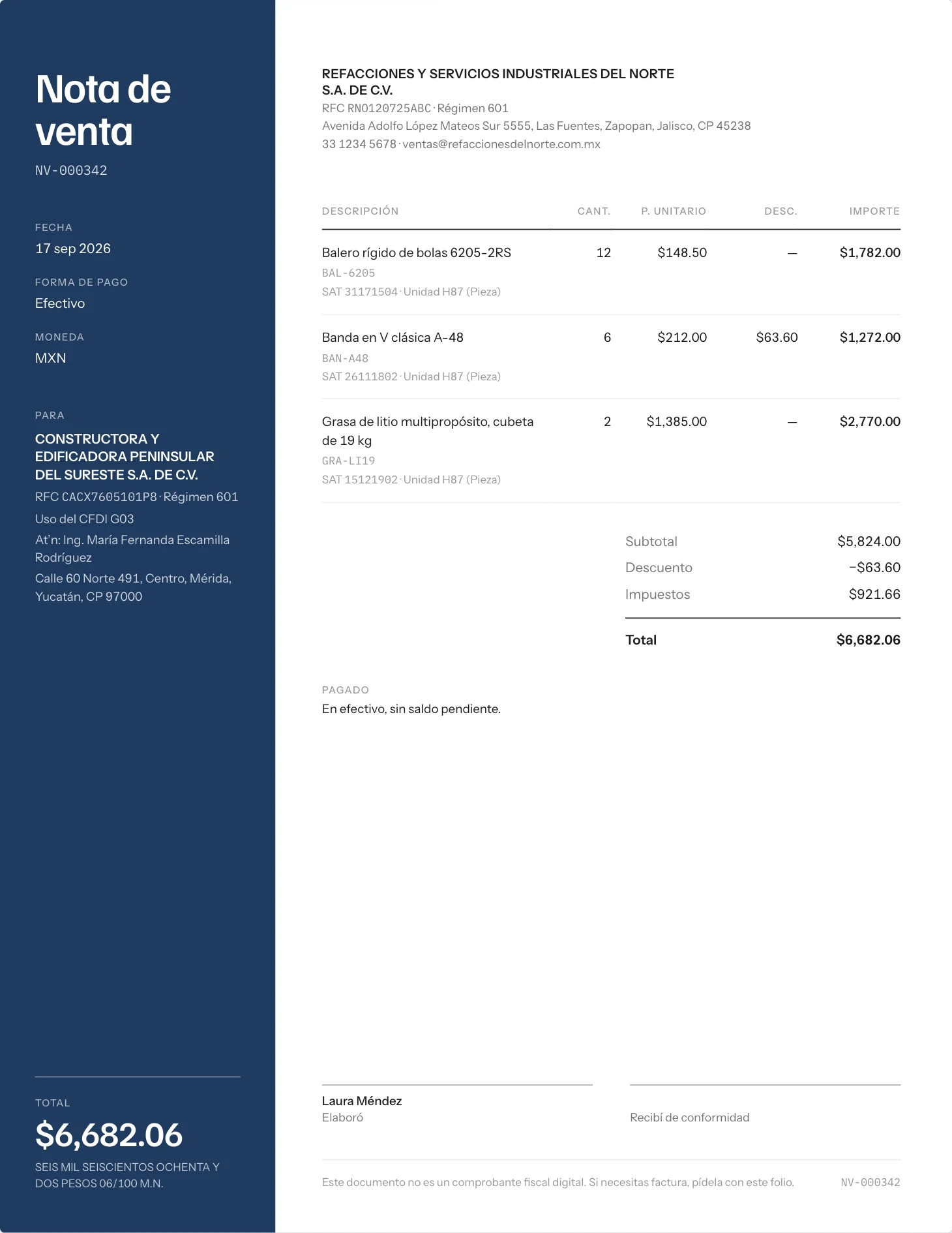 Nota de venta con el diseño de barra lateral