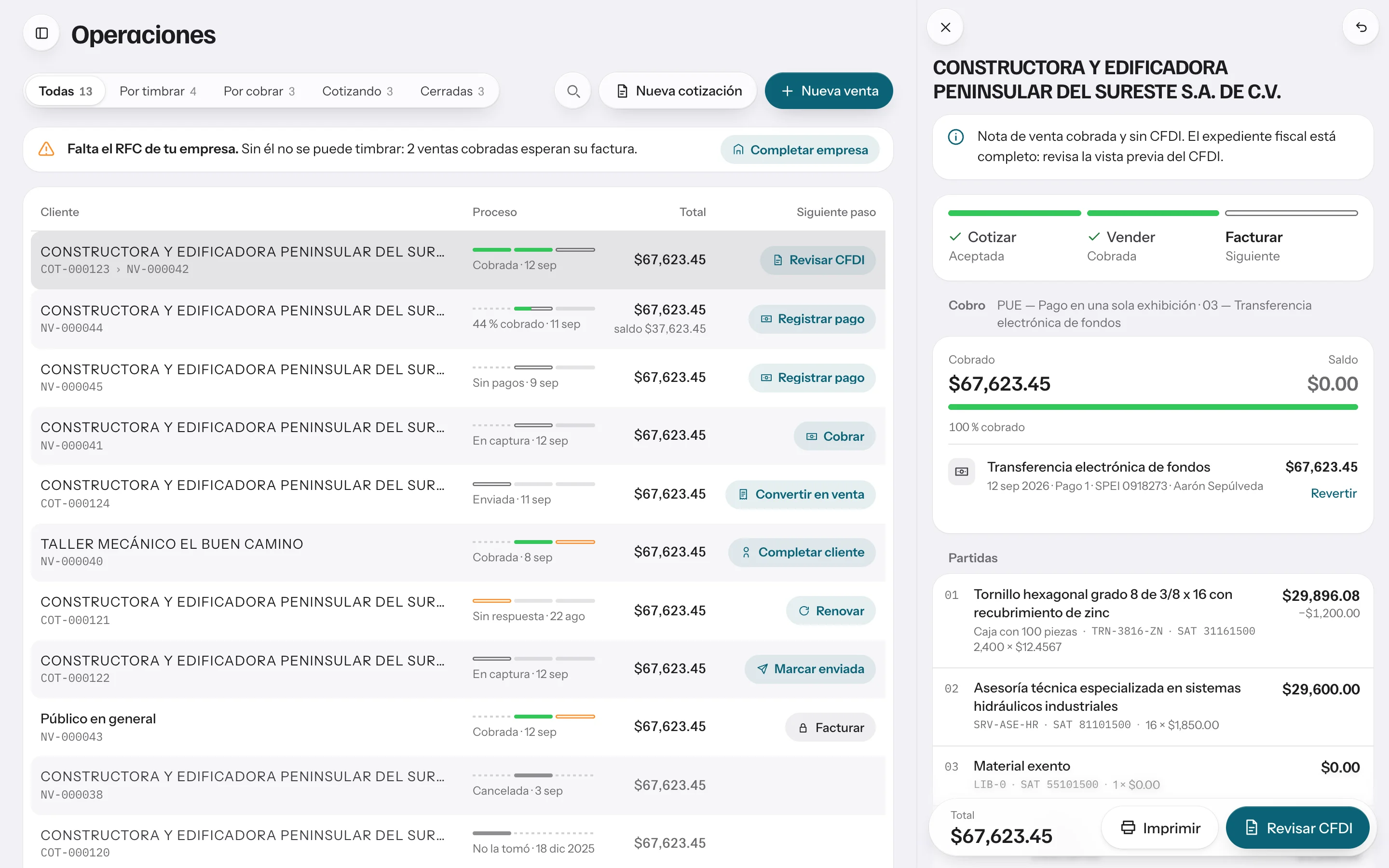 Pantalla de Operaciones de Facturados con una venta abierta en el panel lateral